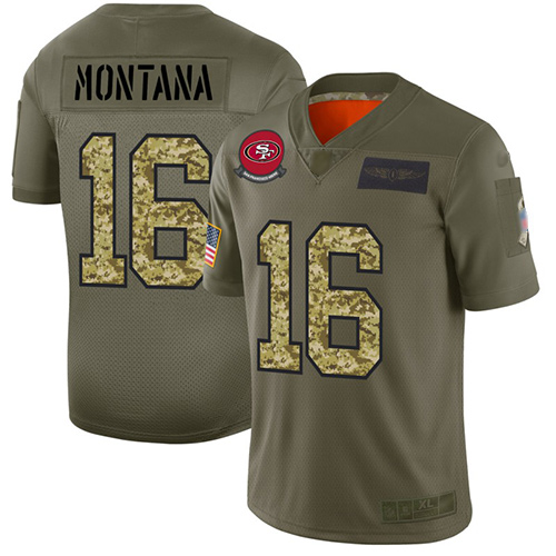49ers #16 Joe Montana Olive/Camo Men's Stitched Football Limited 2019 Salute To Service Jersey