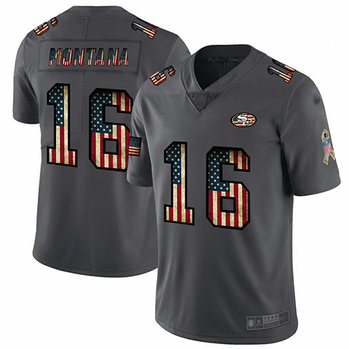 49ers #16 Joe Montana Carbon Black Men's Stitched Football Limited Retro Flag Jersey