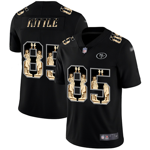 49ers #85 George Kittle Black Men's Stitched Football Limited Statue of Liberty Jersey
