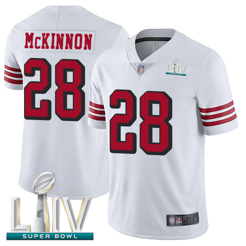 49ers #28 Jerick McKinnon White Rush Super Bowl LIV Bound Men's Stitched Football Vapor Untouchable Limited Jersey