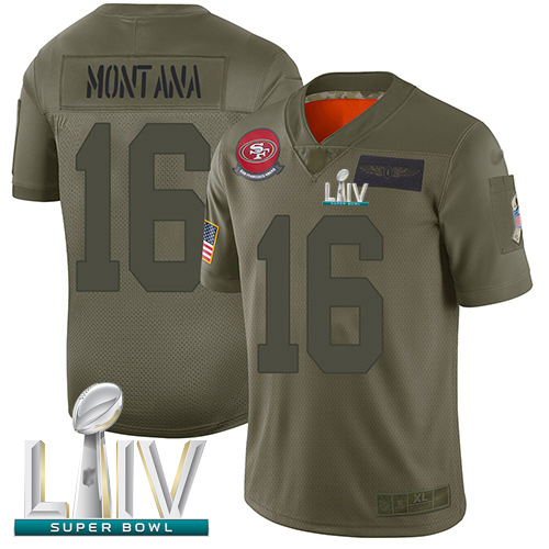 49ers #16 Joe Montana Camo Super Bowl LIV Bound Men's Stitched Football Limited 2019 Salute To Service Jersey