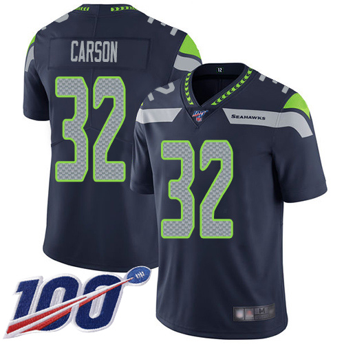 Seahawks #32 Chris Carson Steel Blue Team Color Men's Stitched Football 100th Season Vapor Limited Jersey