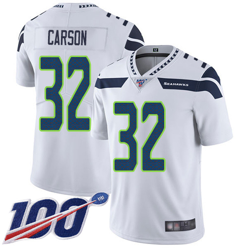 Seahawks #32 Chris Carson White Men's Stitched Football 100th Season Vapor Limited Jersey