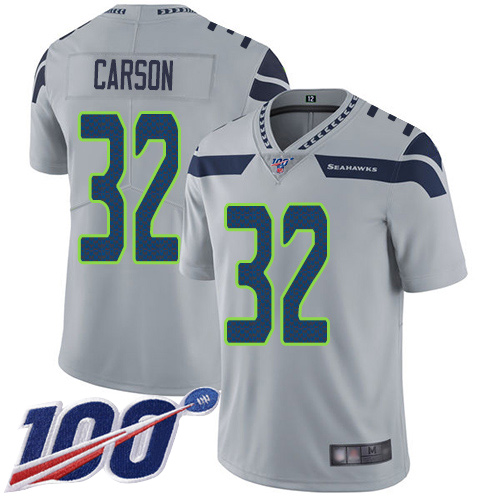 Seahawks #32 Chris Carson Grey Alternate Men's Stitched Football 100th Season Vapor Limited Jersey