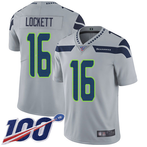 Seahawks #16 Tyler Lockett Grey Alternate Men's Stitched Football 100th Season Vapor Limited Jersey