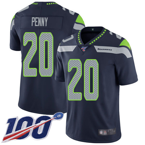 Seahawks #20 Rashaad Penny Steel Blue Team Color Men's Stitched Football 100th Season Vapor Limited Jersey