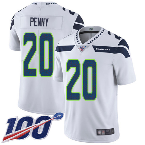 Seahawks #20 Rashaad Penny White Men's Stitched Football 100th Season Vapor Limited Jersey