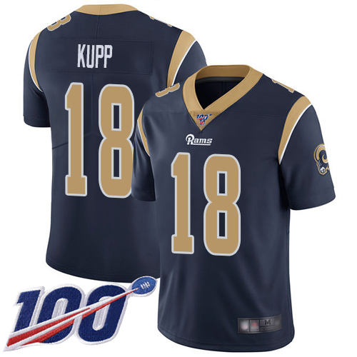 Rams #18 Cooper Kupp Navy Blue Team Color Men's Stitched Football 100th Season Vapor Limited Jersey