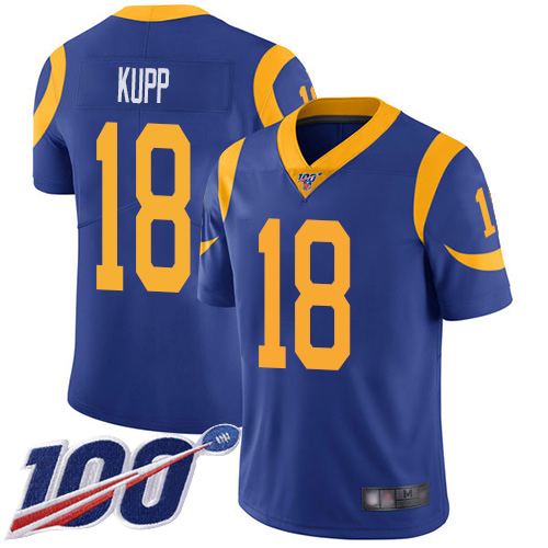 Rams #18 Cooper Kupp Royal Blue Alternate Men's Stitched Football 100th Season Vapor Limited Jersey