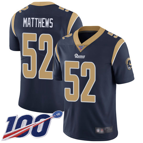 Rams #52 Clay Matthews Navy Blue Team Color Men's Stitched Football 100th Season Vapor Limited Jersey