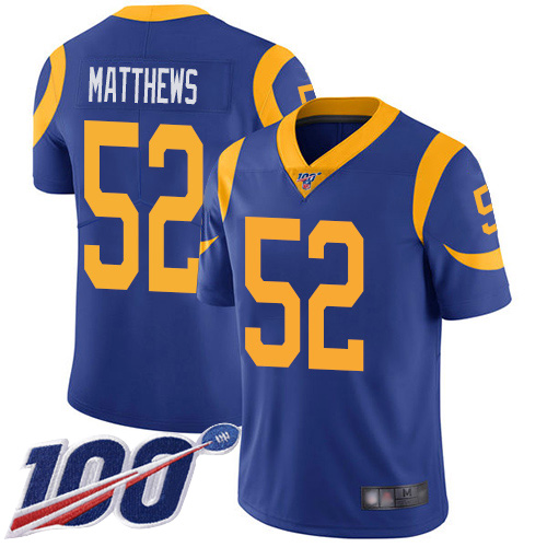 Rams #52 Clay Matthews Royal Blue Alternate Men's Stitched Football 100th Season Vapor Limited Jersey