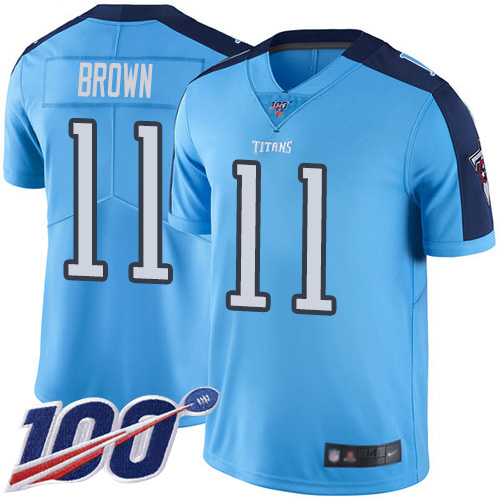 Titans #11 A.J. Brown Light Blue Men's Stitched Football Limited Rush 100th Season Jersey