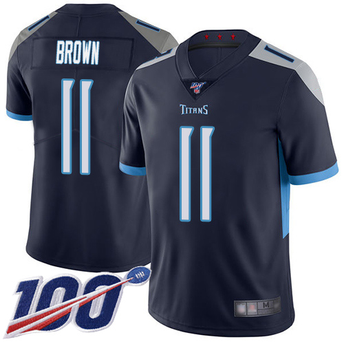 Titans #11 A.J. Brown Navy Blue Team Color Men's Stitched Football 100th Season Vapor Limited Jersey