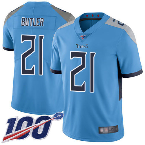 Titans #21 Malcolm Butler Light Blue Alternate Men's Stitched Football 100th Season Vapor Limited Jersey