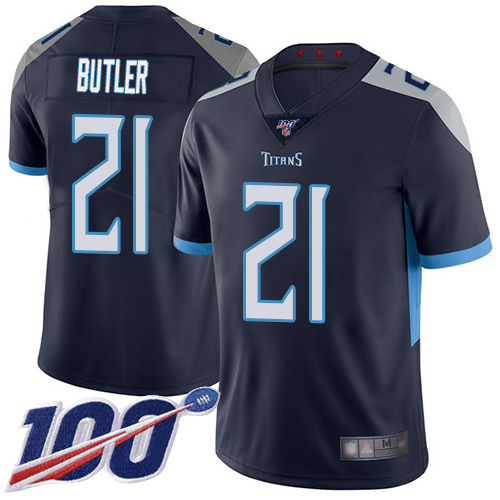 Titans #21 Malcolm Butler Navy Blue Team Color Men's Stitched Football 100th Season Vapor Limited Jersey