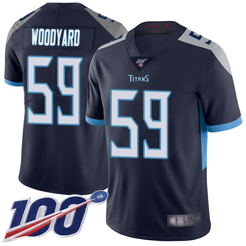 Titans #59 Wesley Woodyard Navy Blue Team Color Men's Stitched Football 100th Season Vapor Limited Jersey
