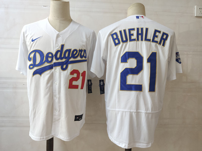 Men's Los Angeles Dodgers #21 Walker Buehler Nike White/Gold 2021 Gold Program Player Jersey