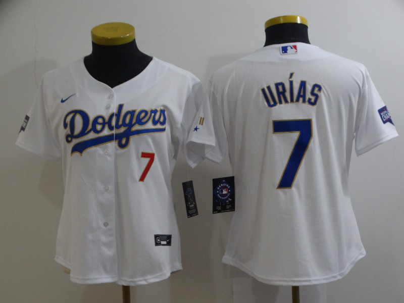 Women's Los Angeles Dodgers #7 Julio Urias Nike 2021 White Gold Championship Program Jersey Women's Los Angeles Dodgers #7 Julio Urias Nike 2021 White Gold Championship Program Jersey