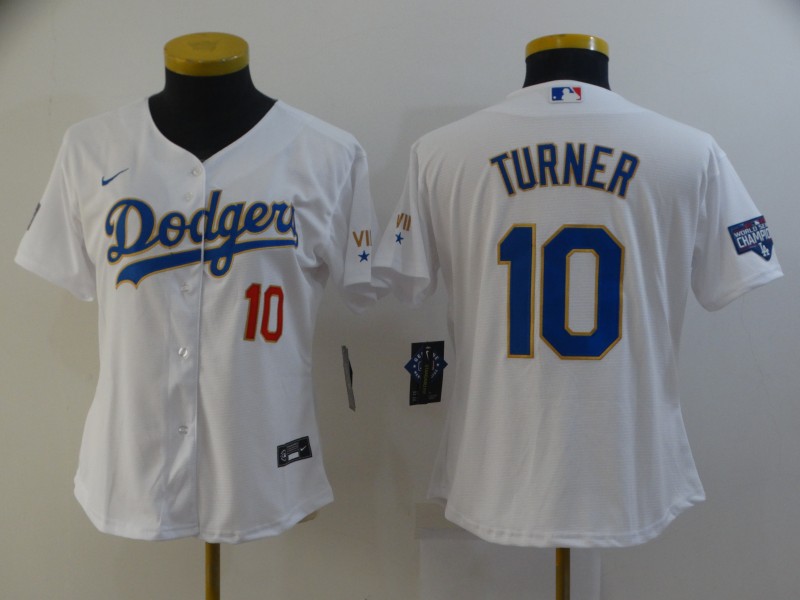 Women's Los Angeles Dodgers #10 Justin Turner Nike 2021 White Gold Championship Program Jersey Women's Los Angeles Dodgers #10 Justin Turner Nike 2021 White Gold Championship Program Jersey