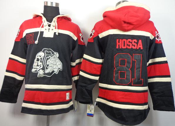 Chicago Blackhawks 81 Marian Hossa Black Skull Logo Fashion Lace-Up NHL Jersey Hoodie