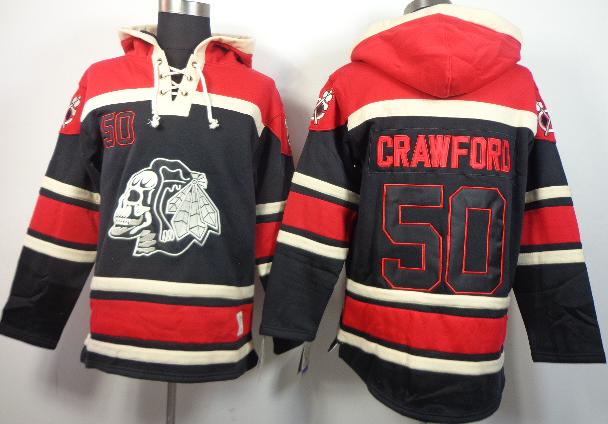 Chicago Blackhawks 50 Corey Crawford Black Skull Logo Fashion Lace-Up NHL Jersey Hoodie