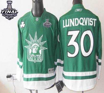 New York Rangers #30 Henrik Lundqvist Green St Patty's Day With 2014 Stanley Cup Finals Stitched NHL Jerseys