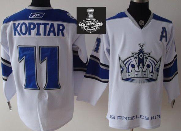 Los Angeles Kings 11 Anze Kopitar White Jerseys With 2014 Stanley Cup Champions Patch