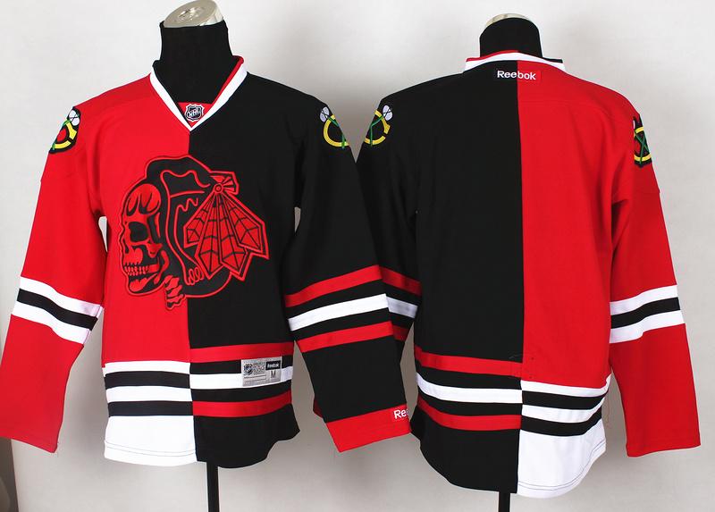 Chicago Blackhawks Blank Red Skull Logo Fashion Black Red Split NHL Jerseys