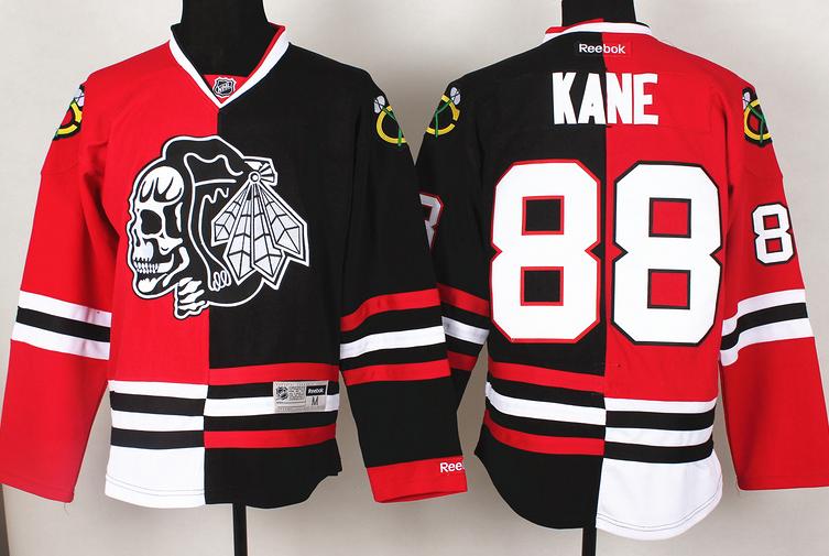 Chicago Blackhawks 88 Patrick Kane White Skull Logo Fashion Black Red Split NHL Jerseys