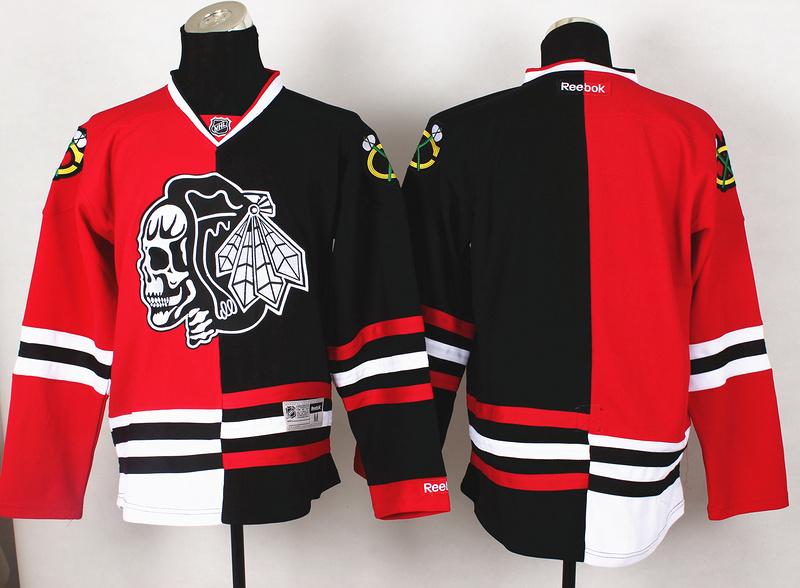 Chicago Blackhawks Blank White Skull Logo Fashion Black Red Split NHL Jerseys