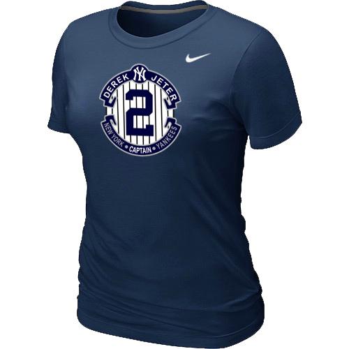 Women Nike New York Yankees 2 Derek Jeter Official Final Season Commemorative Logo Blended T-Shirt D.Blue