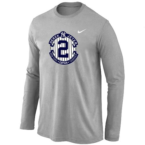 Nike New York Yankees 2 Derek Jeter Official Final Season Commemorative Logo Long Sleeve T-Shirt Light Grey
