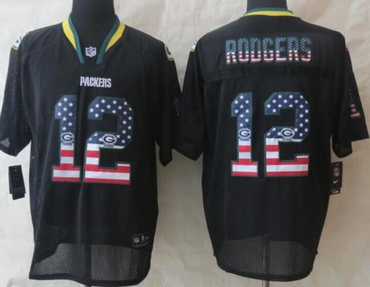 Nike Green Bay Packers 12 Aaron Rodgers Black USA Flag Fashion Elite NFL Jerseys