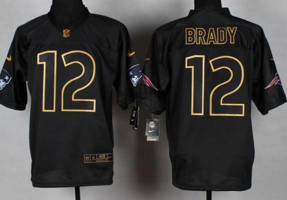 Nike New England Patriots 12 Tom Brady 2014 PRO Gold Lettering Fashion Black NFL Jerseys