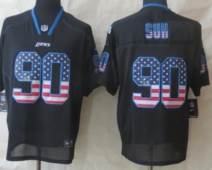 Nike Detroit Lions 90 Ndamukong Suh Black USA Flag Fashion NFL Jerseys