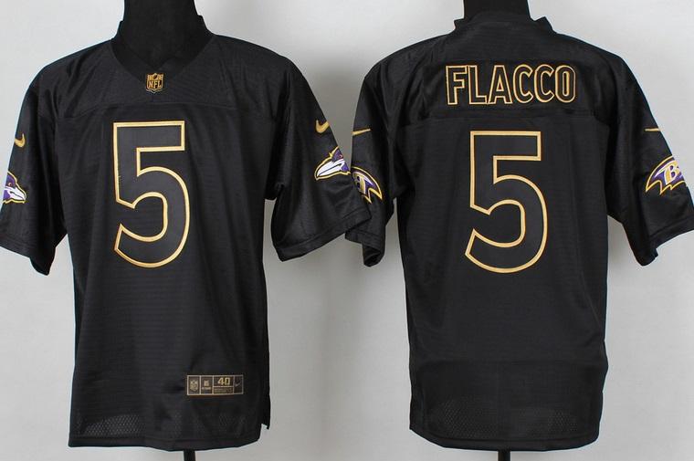 Nike Baltimore Ravens 5 Joe Flacco 2014 PRO Gold Lettering Fashion Black NFL Jerseys