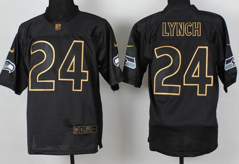 Nike Seattle Seahawks 24 Marshawn Lynch 2014 PRO Gold Lettering Fashion Black NFL Jerseys