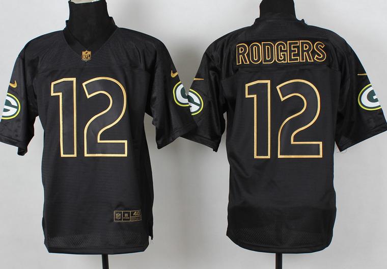 Nike Green Bay Packers 12 Aaron Rodgers 2014 PRO Gold Lettering Fashion Black NFL Jerseys