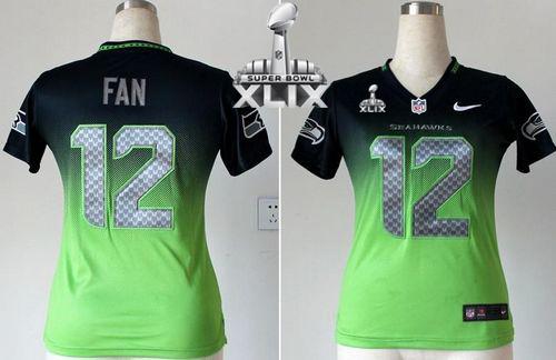 Women's Nike Seahawks #12 Fan Steel Blue Green Super Bowl XLIX Stitched NFL Elite Fadeaway Fashion Jersey