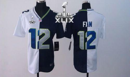 Women's Nike Seahawks #12 Fan Steel Blue White Super Bowl XLIX Stitched NFL Elite Split Jersey