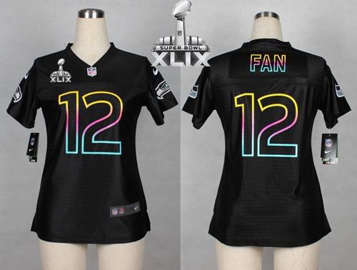 Women's Nike Seahawks #12 Fan Black Super Bowl XLIX NFL Fashion Game Jersey