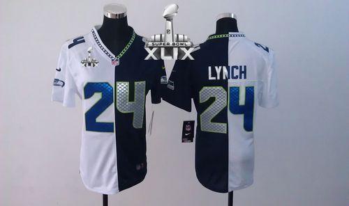 Women's Nike Seahawks #24 Marshawn Lynch Steel Blue White Super Bowl XLIX Stitched NFL Elite Split Jersey