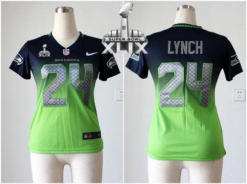 Women's Nike Seahawks #24 Marshawn Lynch Steel Blue Green Super Bowl XLIX Stitched NFL Elite Fadeaway Fashion Jersey