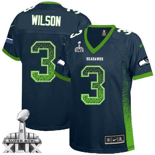 Women's Nike Seahawks #3 Russell Wilson Steel Blue Team Color Super Bowl XLIX Stitched NFL Elite Drift Fashion Jersey