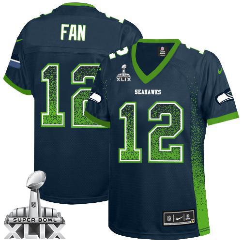 Women's Nike Seahawks #12 Fan Steel Blue Team Color Super Bowl XLIX Stitched NFL Elite Drift Fashion Jersey