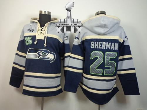 Nike Seahawks #25 Richard Sherman Navy Blue Super Bowl XLIX Sawyer Hooded Sweatshirt NFL Hoodie