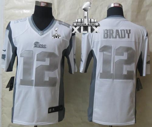 Nike Patriots #12 Tom Brady White Super Bowl XLIX Men's Stitched NFL Limited Platinum Jersey