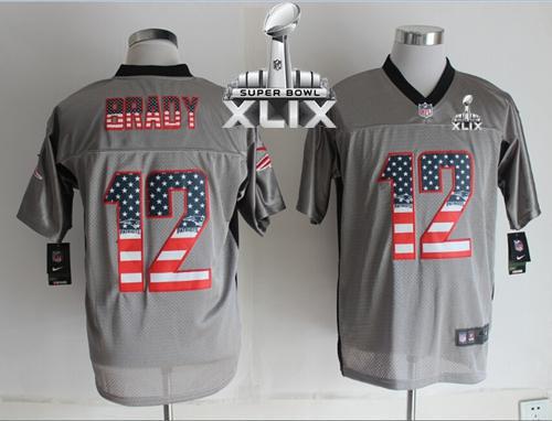 Nike Patriots #12 Tom Brady Grey Super Bowl XLIX Men's Stitched NFL Elite USA Flag Fashion Jersey