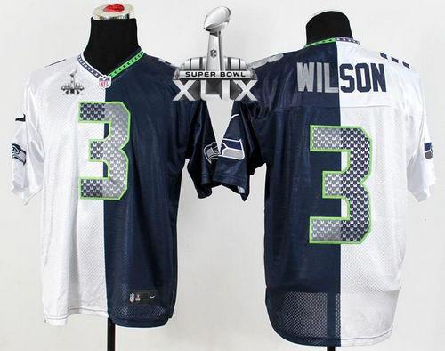 Nike Seahawks #3 Russell Wilson White Steel Blue Super Bowl XLIX Men's Stitched NFL Elite Split Jersey