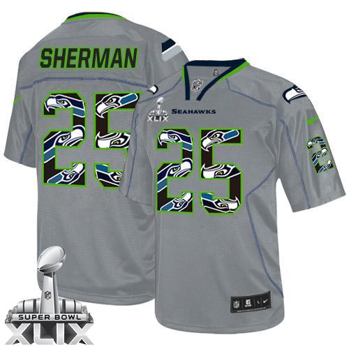 Nike Seahawks #25 Richard Sherman New Lights Out Grey Super Bowl XLIX Men's Stitched NFL Elite Jersey